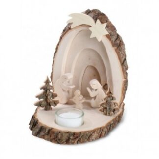 Presepe in legno con corteccia e portacandela